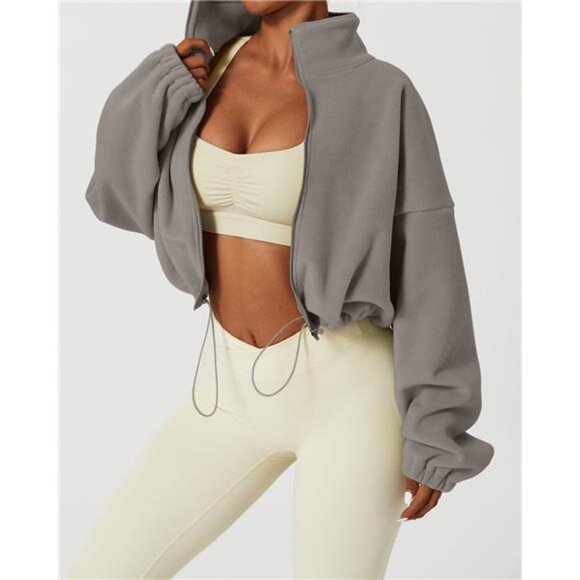 Women's Full Zip Fleece Short Jacket Warm Winter Long Sleeve Stand